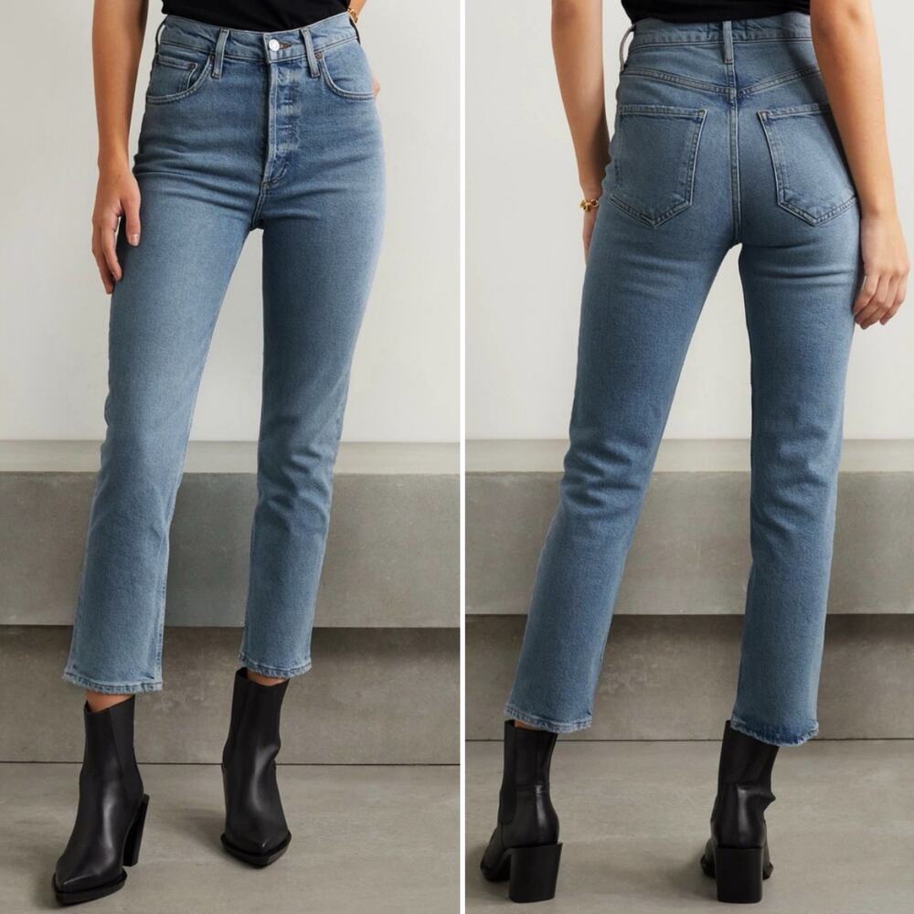 AGOLDE Riley High Rise Crop Jeans‎ Blue Button Fly Straight Leg Sz 32